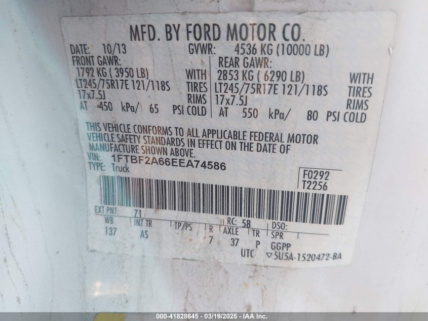 2014 Ford F-250 Xl VIN: 1FTBF2A66EEA74586 Lot: 41828645