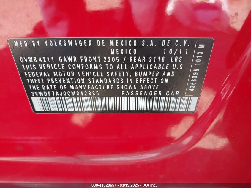 2012 VOLKSWAGEN JETTA VIN: 3VWDP7AJ0CM342835