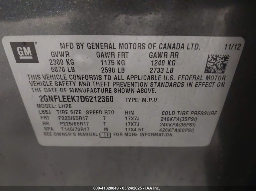 2013 CHEVROLET EQUINOX VIN: 2GNFLEEK7D6212360
