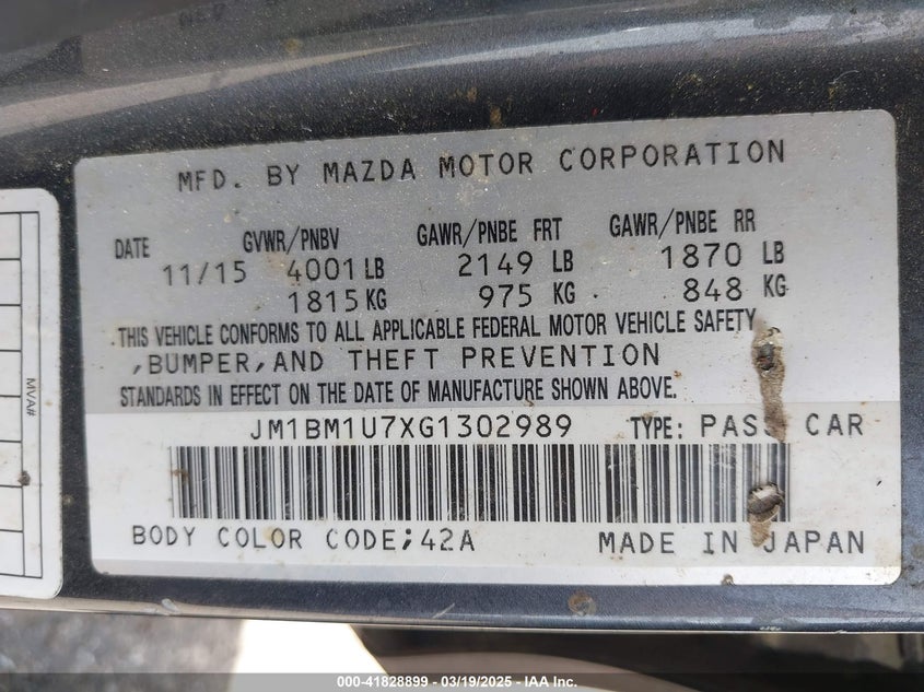 2016 MAZDA MAZDA3 VIN: JM1BM1U7XG1302989