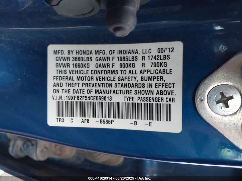 2012 HONDA CIVIC VIN: 19XFB2F54CE069613