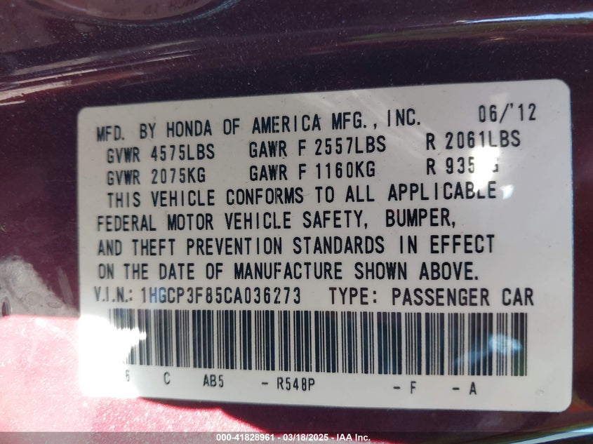 2012 HONDA ACCORD VIN: 1HGCP3F85CA036273