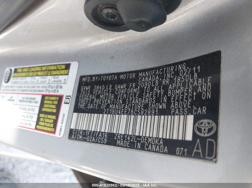 2011 TOYOTA COROLLA VIN: 2T1BU4EE7BC582891
