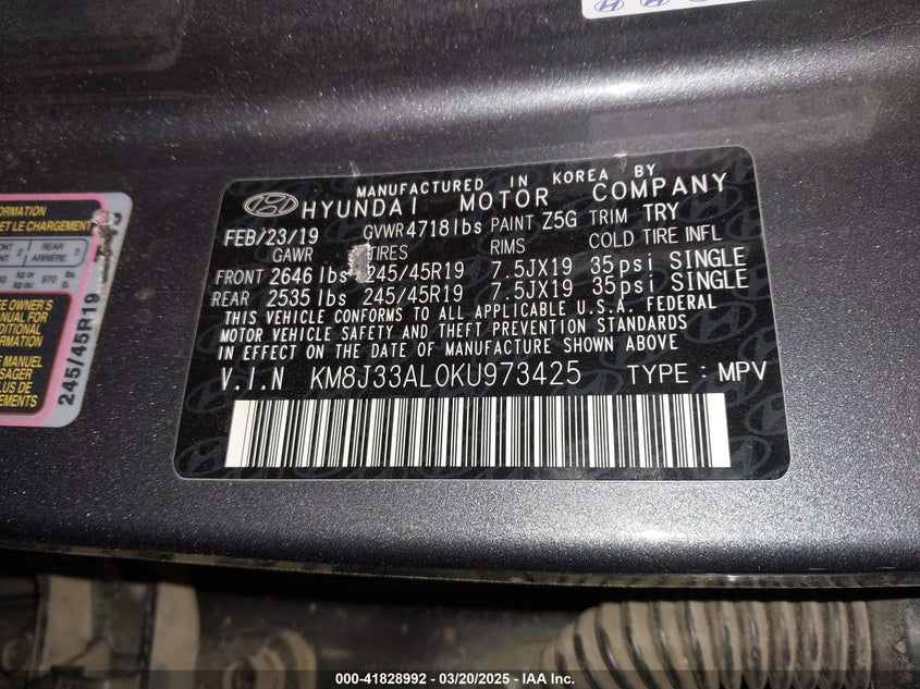 2019 HYUNDAI TUCSON VIN: KM8J33AL0KU973425