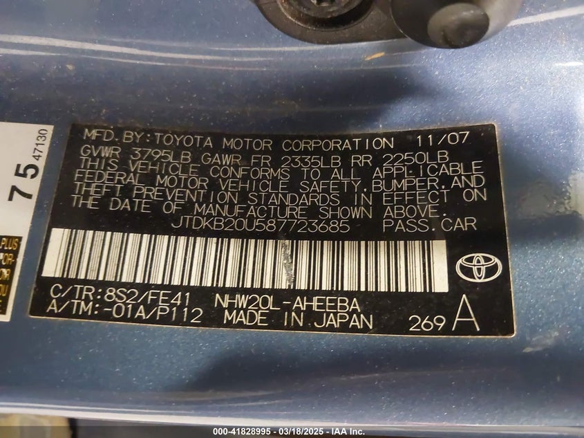2008 TOYOTA PRIUS VIN: JTDKB20U587723685