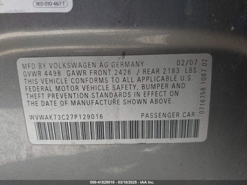 2007 Volkswagen Passat Wolfsburg Edition VIN: WVWAK73C27P129016 Lot: 41829010