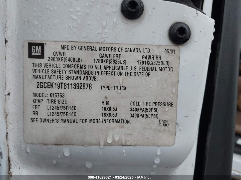 2001 Chevrolet Silverado 1500 VIN: 2GCEK19T811392878 Lot: 41829021