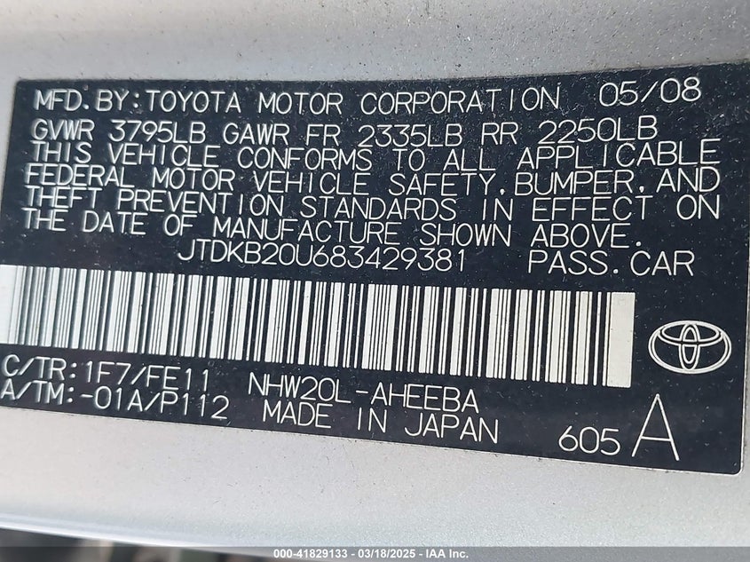 2008 TOYOTA PRIUS VIN: JTDKB20U683429381