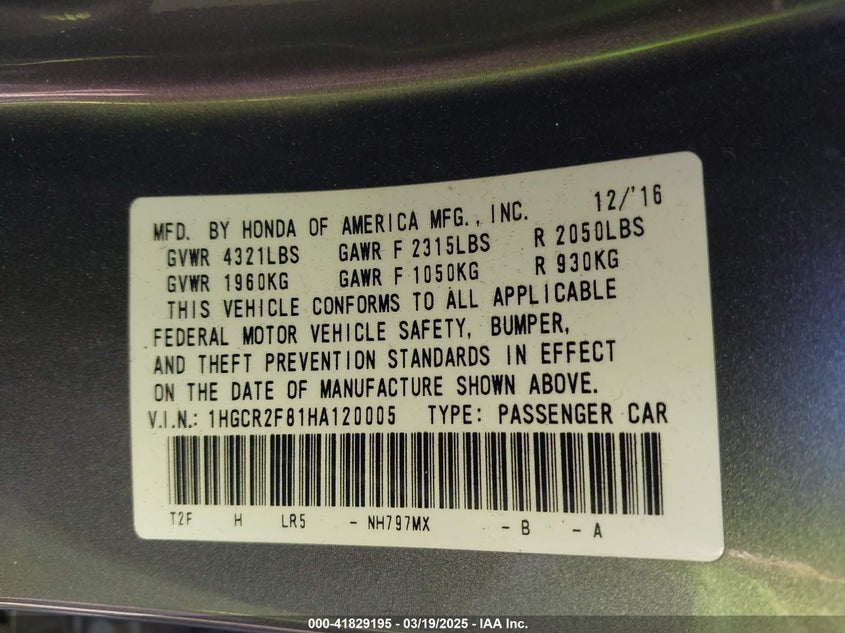 2017 HONDA ACCORD VIN: 1HGCR2F81HA120005