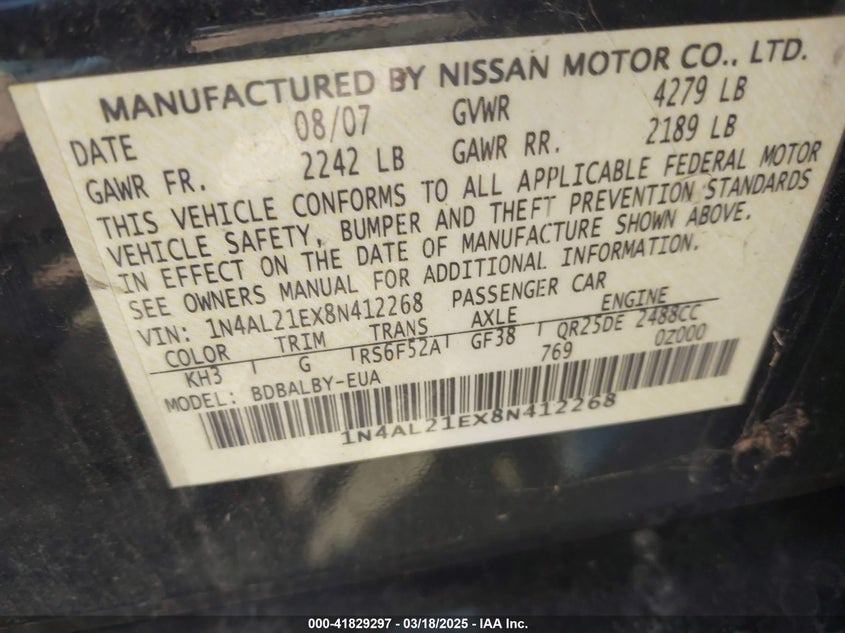 2008 NISSAN ALTIMA VIN: 1N4AL21EX8N412268