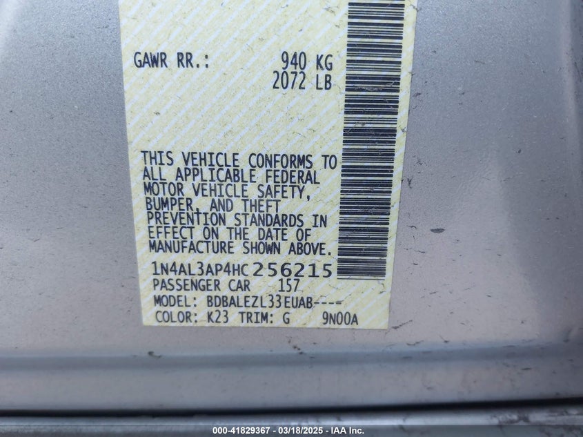 2017 NISSAN ALTIMA VIN: 1N4AL3AP4HC256215