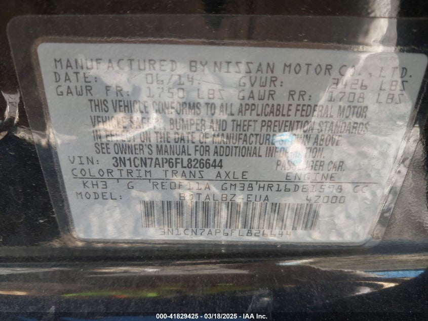 2015 NISSAN VERSA VIN: 3N1CN7AP6FL826644
