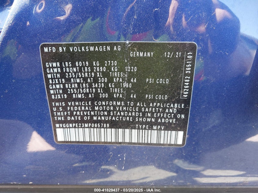 2021 VOLKSWAGEN ID.4 VIN: WVGGNPE23MP065789