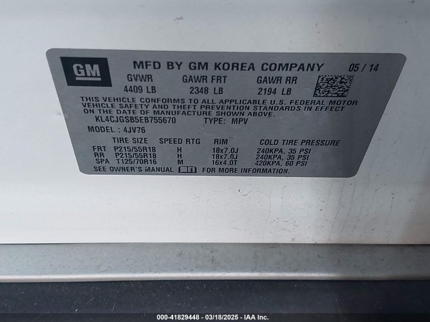 2014 Buick Encore Leather VIN: KL4CJGSB5EB755670 Lot: 41829448