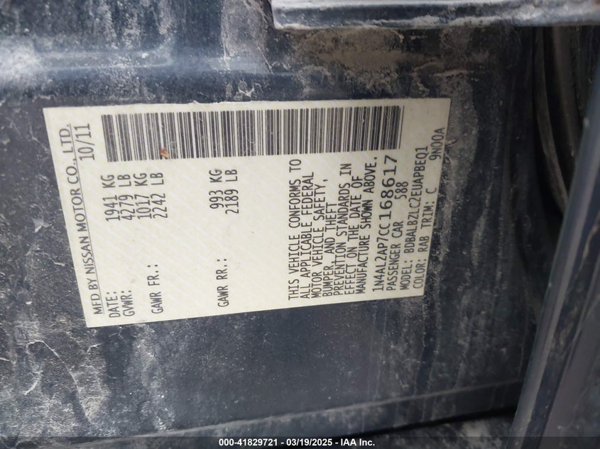 2012 NISSAN ALTIMA VIN: 1N4AL2AP7CC168617