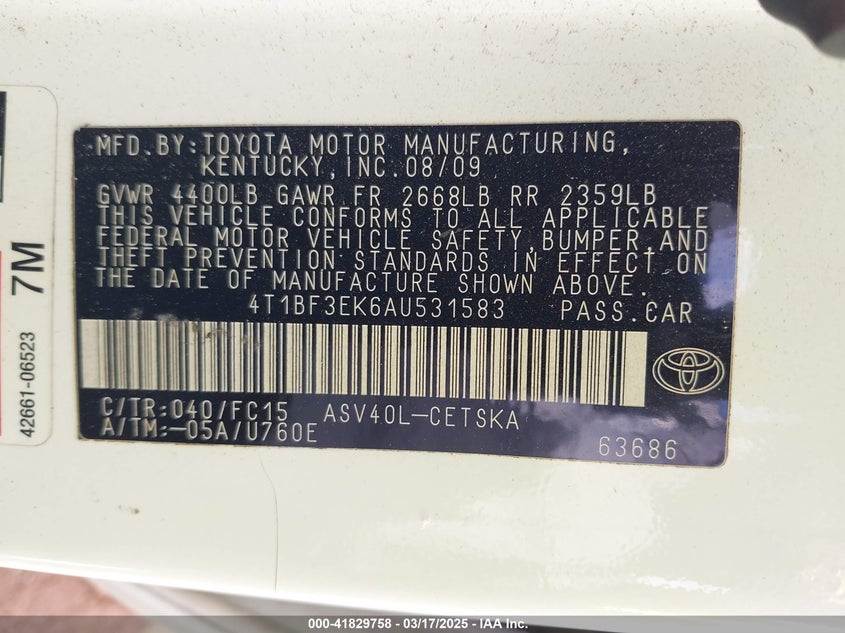 2010 TOYOTA CAMRY VIN: 4T1BF3EK6AU531583