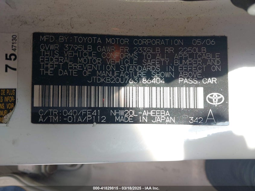 2006 TOYOTA PRIUS VIN: JTDKB20U763186404
