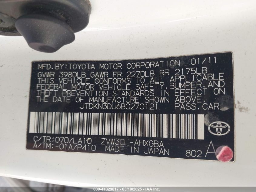 2011 Toyota Prius Four VIN: JTDKN3DU6B0270121 Lot: 41829817