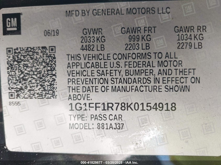 2019 CHEVROLET CAMARO VIN: 1G1FF1R78K0154918