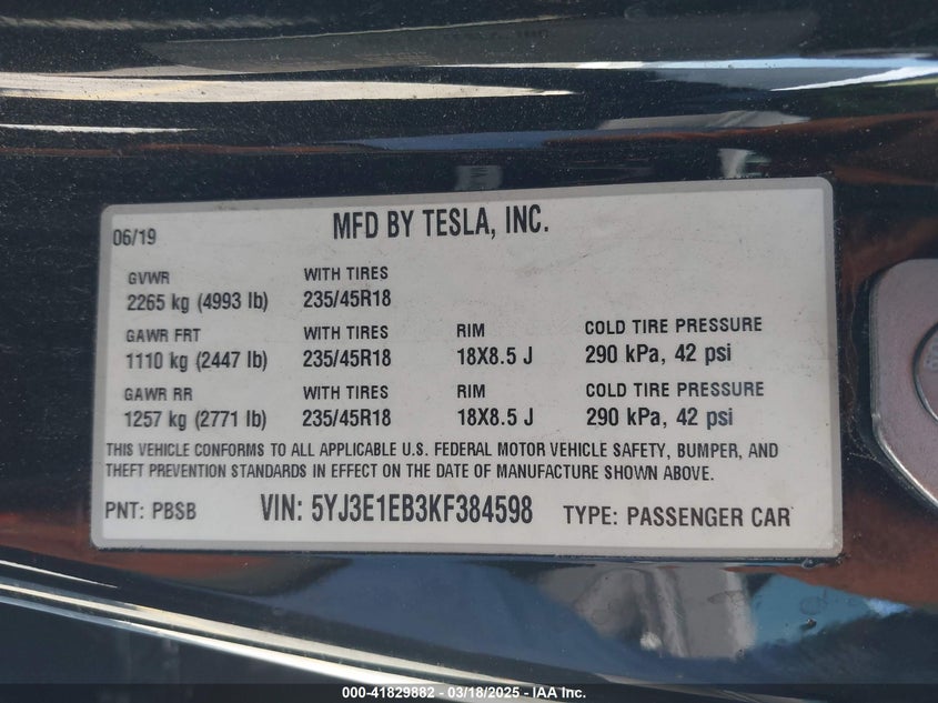 2019 TESLA MODEL 3 VIN: 5YJ3E1EB3KF384598