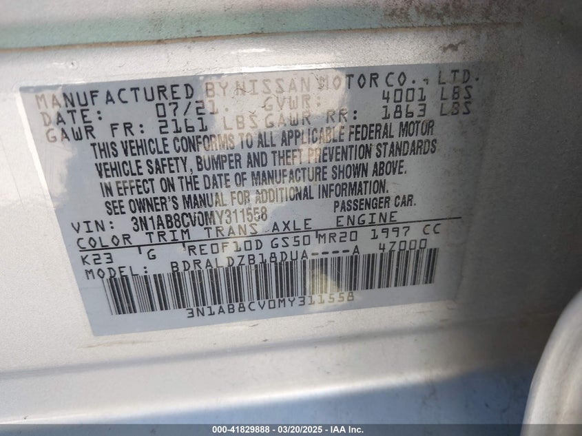 2021 NISSAN SENTRA VIN: 3N1AB8CV0MY311558