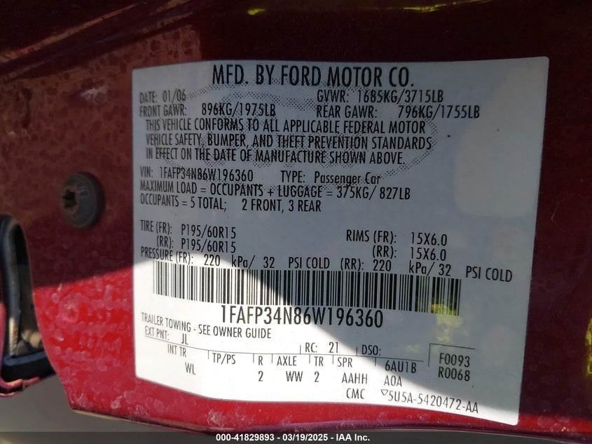 2006 FORD FOCUS VIN: 1FAFP34N86W196360