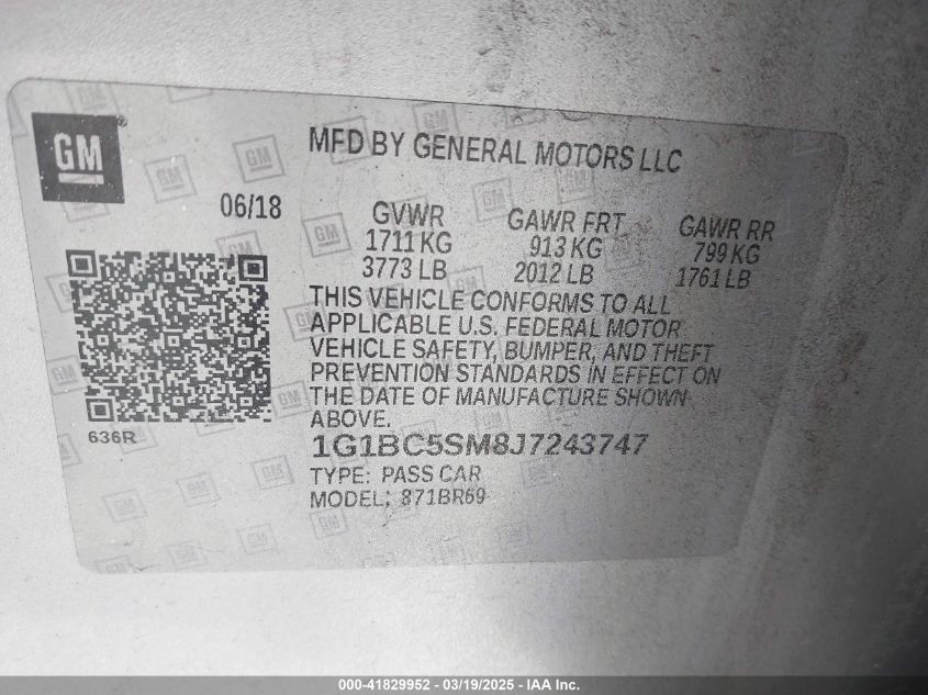 2018 Chevrolet Cruze Ls Auto VIN: 1G1BC5SM8J7243747 Lot: 41829952