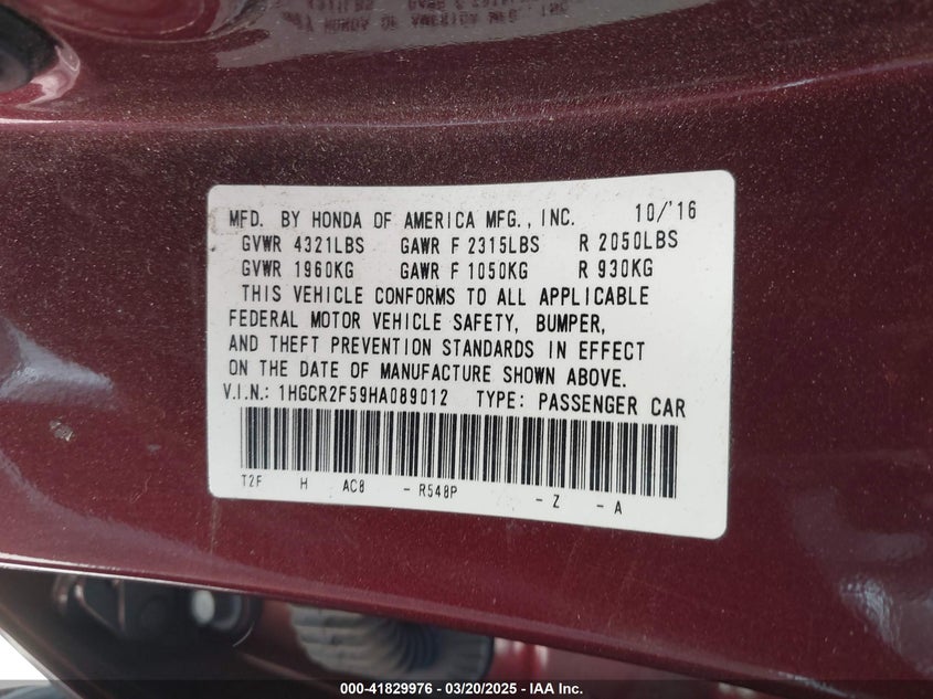 2017 HONDA ACCORD VIN: 1HGCR2F59HA089012