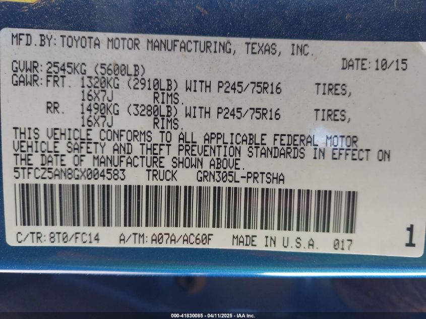 2016 Toyota Tacoma Sr5 V6 VIN: 5TFCZ5AN8GX004583 Lot: 41830085