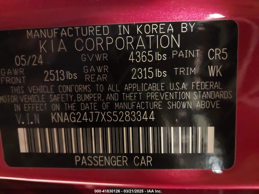 2025 Kia K5 Lxs VIN: KNAG24J7XS5283344 Lot: 41830126