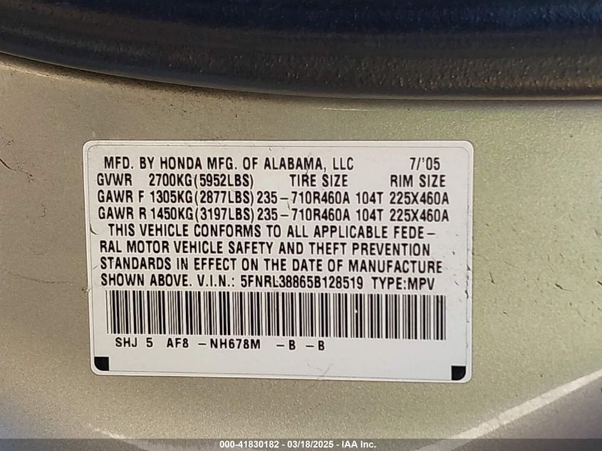 2005 Honda Odyssey Touring VIN: 5FNRL38865B128519 Lot: 41830182