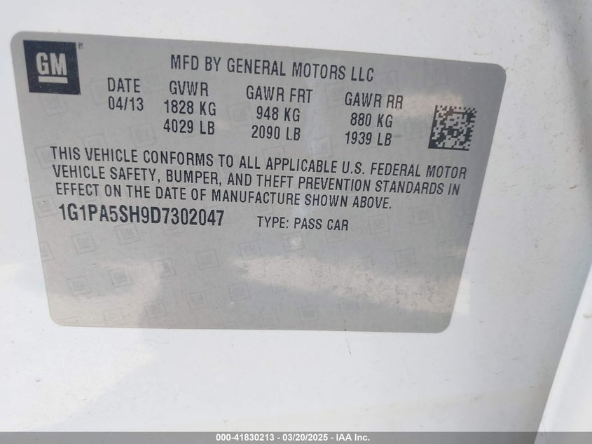 2013 CHEVROLET CRUZE VIN: 1G1PA5SH9D7302047