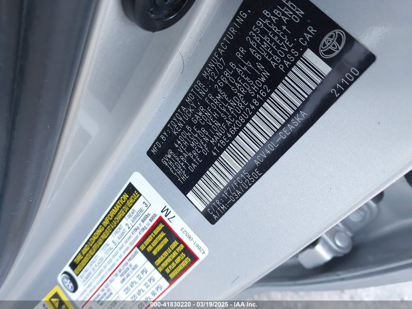 2008 TOYOTA CAMRY VIN: 4T1BE46K08U248162