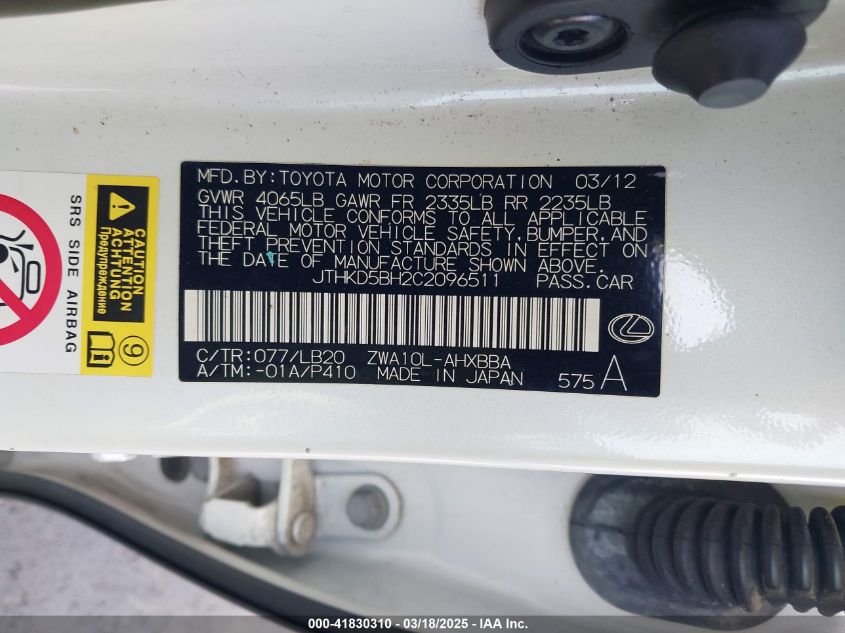 2012 Lexus Ct 200H Premium VIN: JTHKD5BH2C2096511 Lot: 41830310