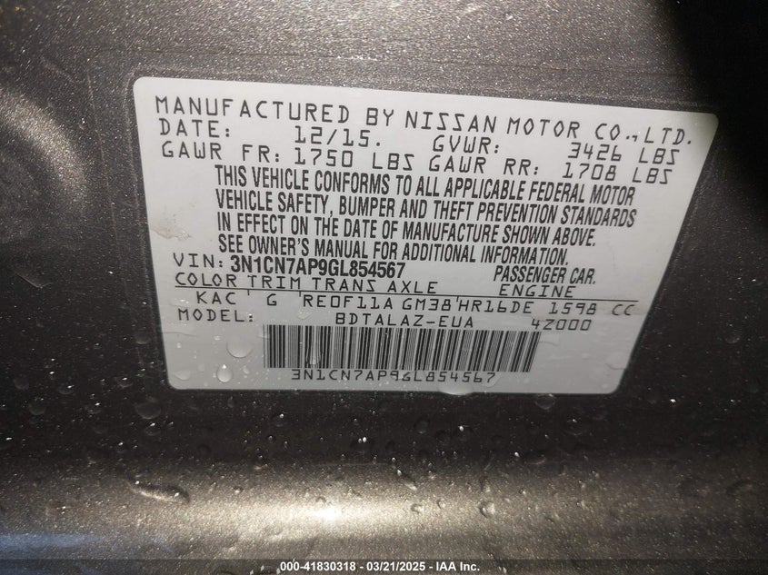 2016 NISSAN VERSA 1.6 S+ - 3N1CN7AP9GL854567