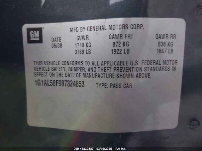 2008 CHEVROLET COBALT VIN: 1G1AL58F987324853