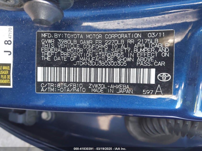 2011 TOYOTA PRIUS VIN: JTDKN3DU3B0300305