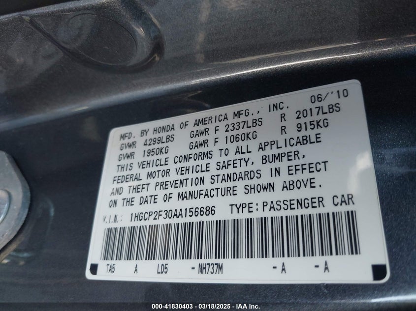 2010 HONDA ACCORD VIN: 1HGCP2F30AA156686