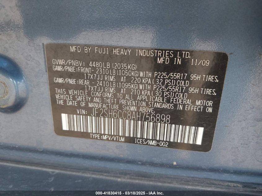 2010 Subaru Forester 2.5X Premium VIN: JF2SH6CC8AH756898 Lot: 41830415