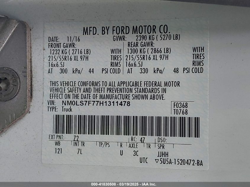 2017 Ford Transit Connect Xlt VIN: NM0LS7F77H1311447 Lot: 41830508