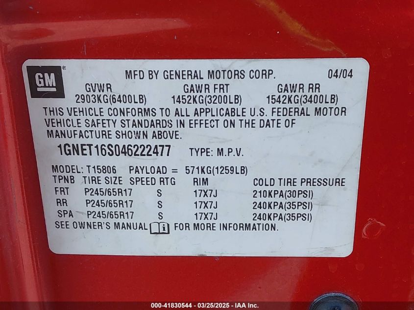 2004 Chevrolet Trailblazer Ext Lt VIN: 1GNET16S046222477 Lot: 41830544