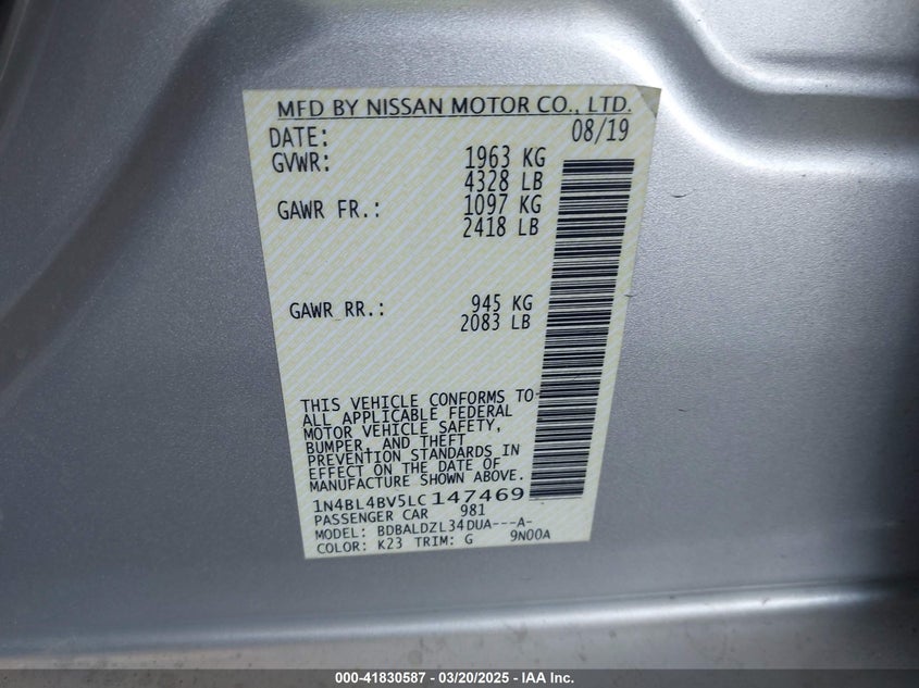 2020 NISSAN ALTIMA VIN: 1N4BL4BV5LC147469