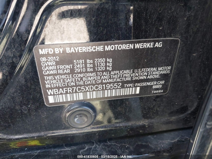 2013 BMW 535 VIN: WBAFR7C5XDC819552