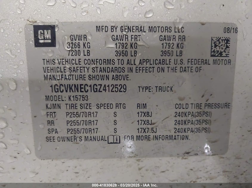 2016 CHEVROLET SILVERADO VIN: 1GCVKNEC1GZ412529
