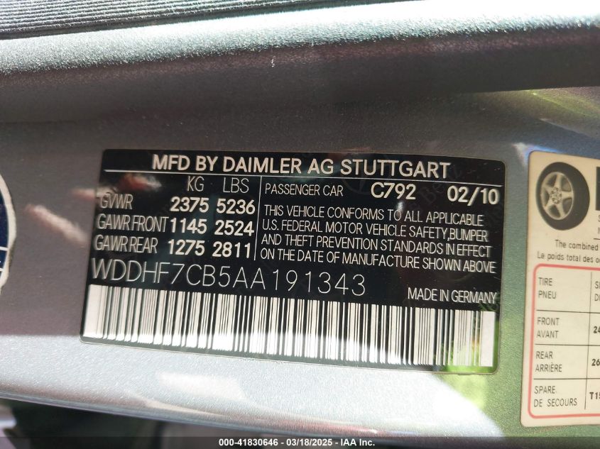 2010 Mercedes-Benz E-Class E 550 Luxury VIN: WDDHF7CB5AA191343 Lot: 41830646