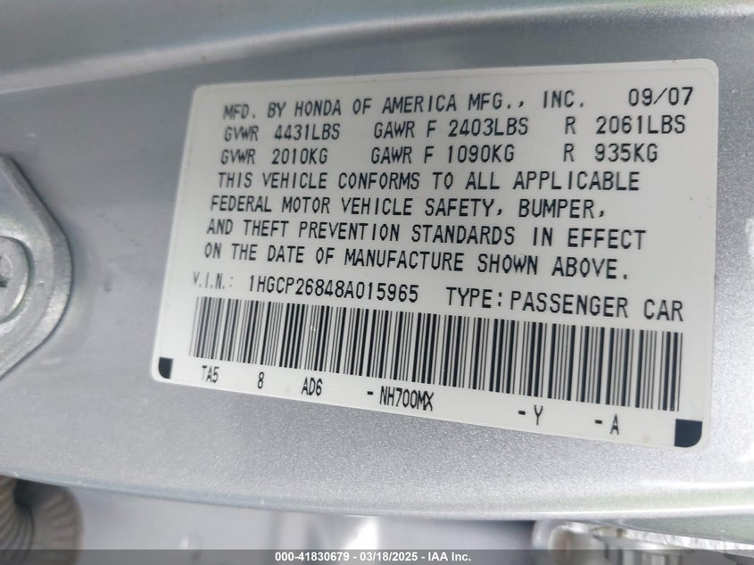 2008 HONDA ACCORD VIN: 1HGCP26848A015965