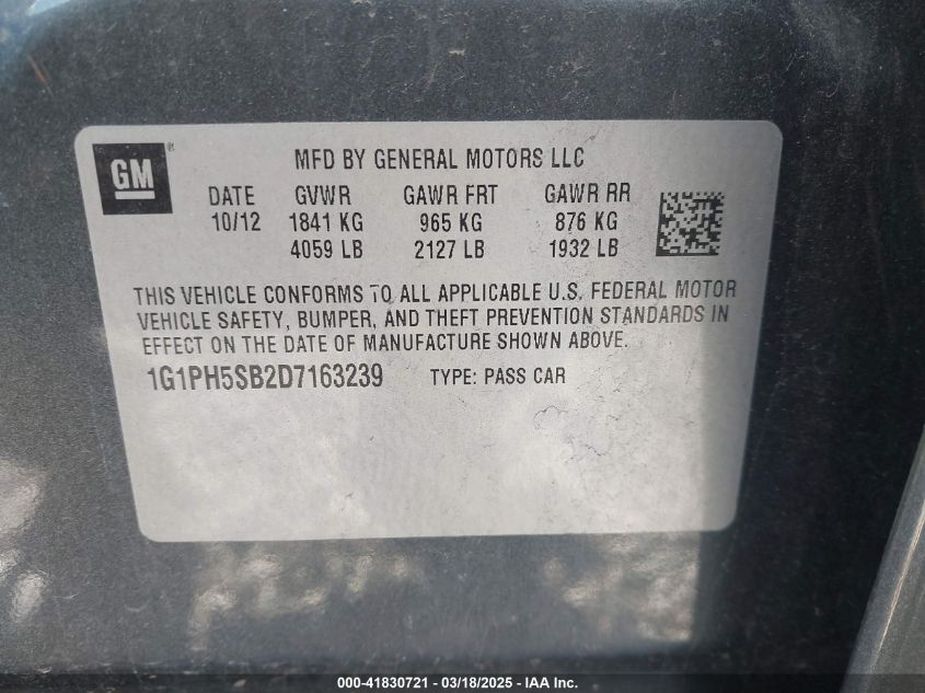 2013 Chevrolet Cruze Eco Auto VIN: 1G1PH5SB2D7163239 Lot: 41830721