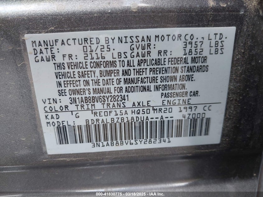 2025 NISSAN SENTRA VIN: 3N1AB8BV6SY282341