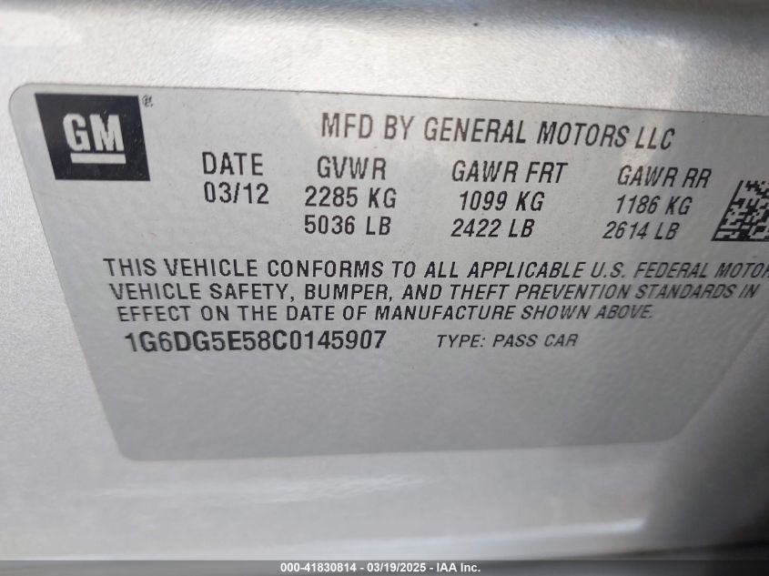 2012 Cadillac Cts Luxury VIN: 1G6DG5E58C0145907 Lot: 43168874