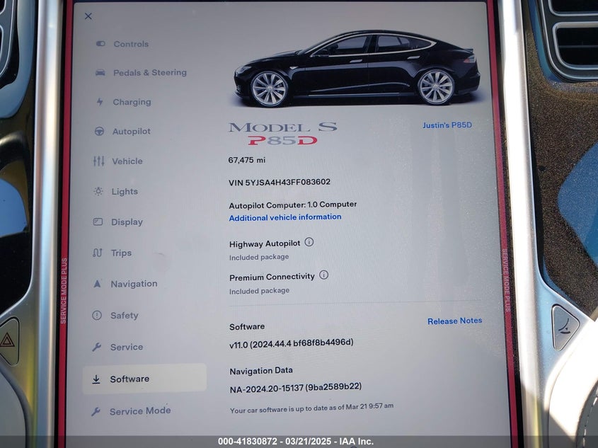 2015 TESLA MODEL S VIN: 5YJSA4H43FF083602